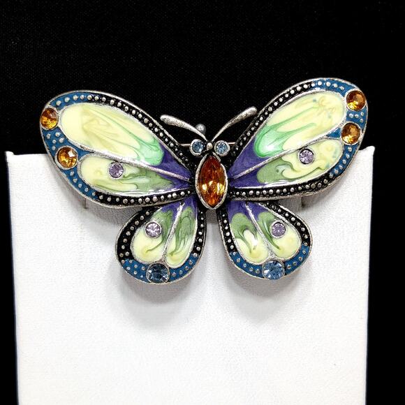 Butterfly Enamel & Rhinestone Brooch, Silver Tone, 1980s Vintage Jewelry - Picture 4 of 10